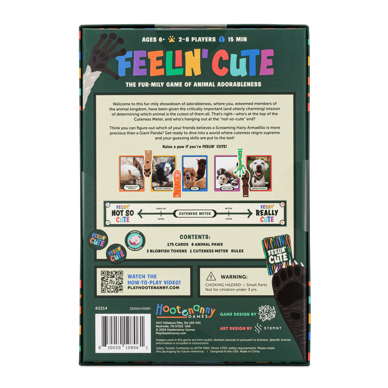 Feelin Cute board game box back showing game contents and rules description