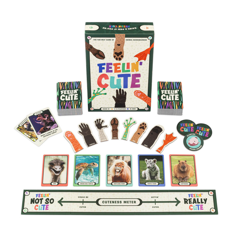 Feelin Cute card game by Hootenanny Games showing box cards and game components