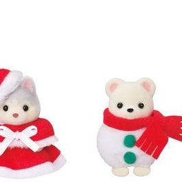 Four small Christmas-themed plush animal figures in festive holiday costumes and accessories