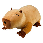 Tan capybara plush toy with brown snout and feet on white background