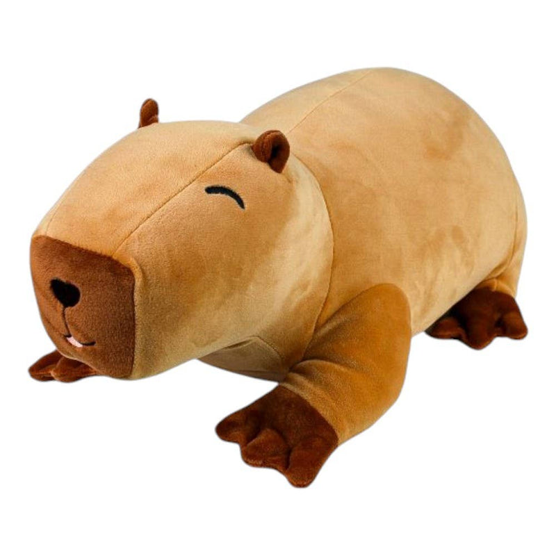 Tan capybara plush toy with brown snout and feet on white background