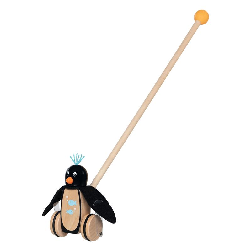 Wooden push along penguin toy with long handle and orange ball grip on white background