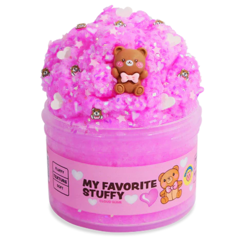 Pink fluffy cloud slime with bear charm and heart accents in labeled jar