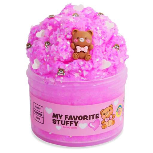 Pink fluffy cloud slime with bear charm and heart accents in labeled jar