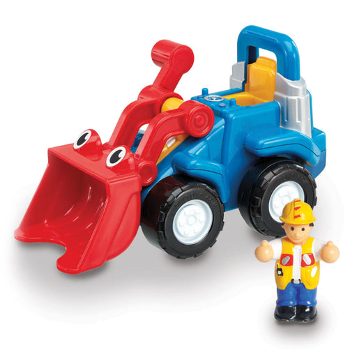 Blue toy loader truck with red bucket and construction worker figure.