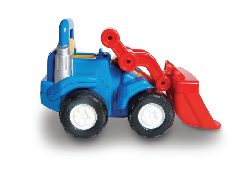 Blue toy construction vehicle with red front loader attachment on white background.