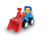 Colorful toy tractor with red loader bucket, blue cab, and construction worker figure