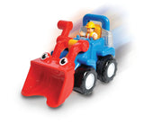 Colorful toy tractor with red front loader and construction worker figure