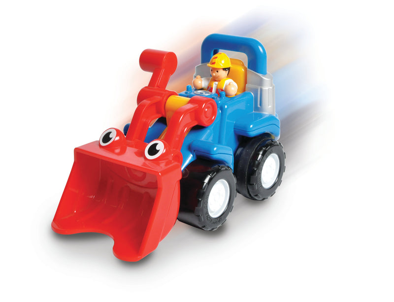 Colorful toy tractor with red front loader and construction worker figure