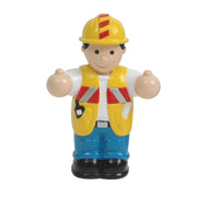 Construction worker toy figurine with yellow hard hat and safety vest on white background