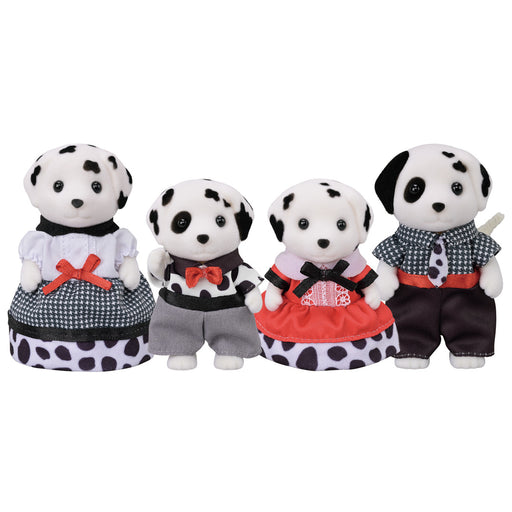 Set of four Dalmatian family toy figures in formal clothing on white background