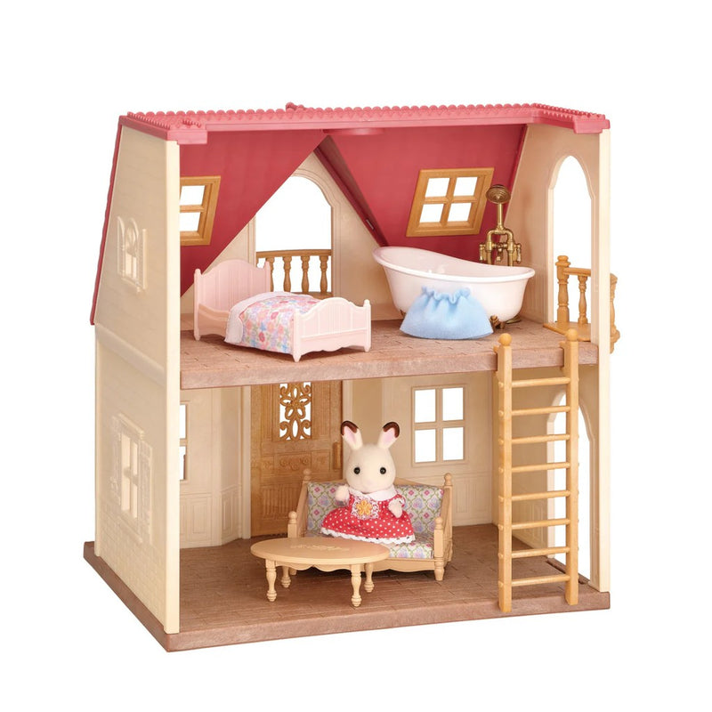 Red roof dollhouse cottage with two floors, furniture, and bunny figure included