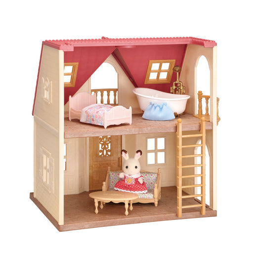 Red roof dollhouse cottage with two floors, furniture, and bunny figure included
