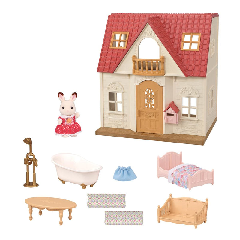 Red roof cottage dollhouse with rabbit figure and miniature furniture accessories