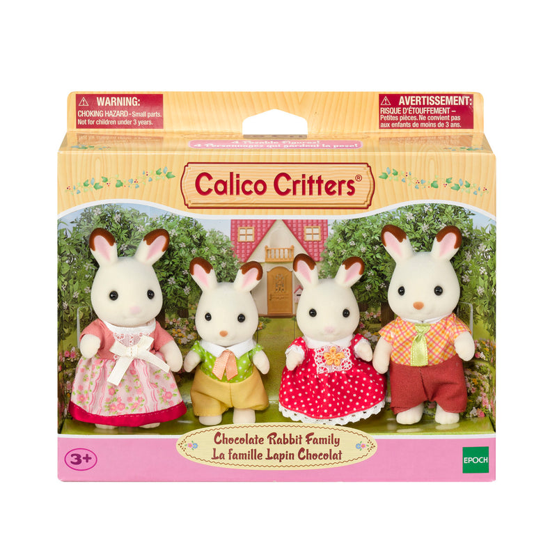 Calico Critters Chocolate Rabbit Family set of four figures in colorful outfits