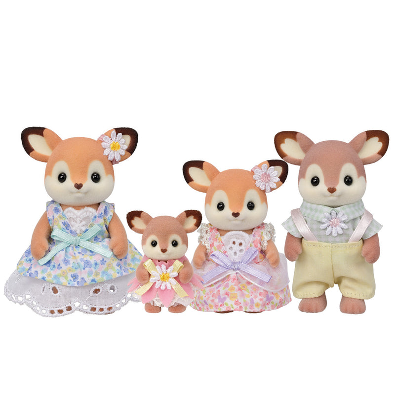 Calico Critters deer family set with parents and two children in floral outfits