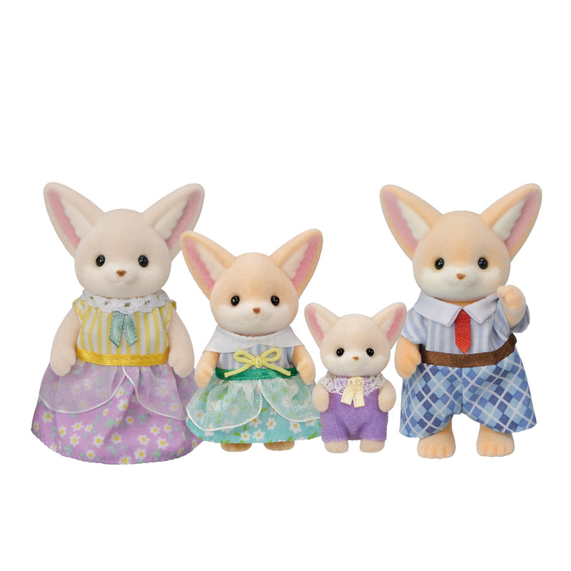 Four Calico Critters fennec fox family figures in colorful outfits on white background