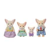 Four Sylvanian Families Fennec Fox family figures in colorful outfits on white background