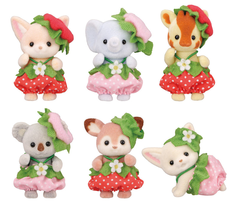 Six Calico Critters Very Berry Babies figures dressed in strawberry-themed outfits on white background