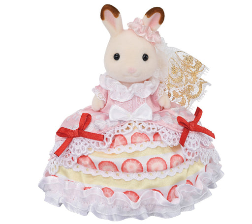 Sylvanian Families rabbit figure in tiered strawberry cake dress with lace and red bows
