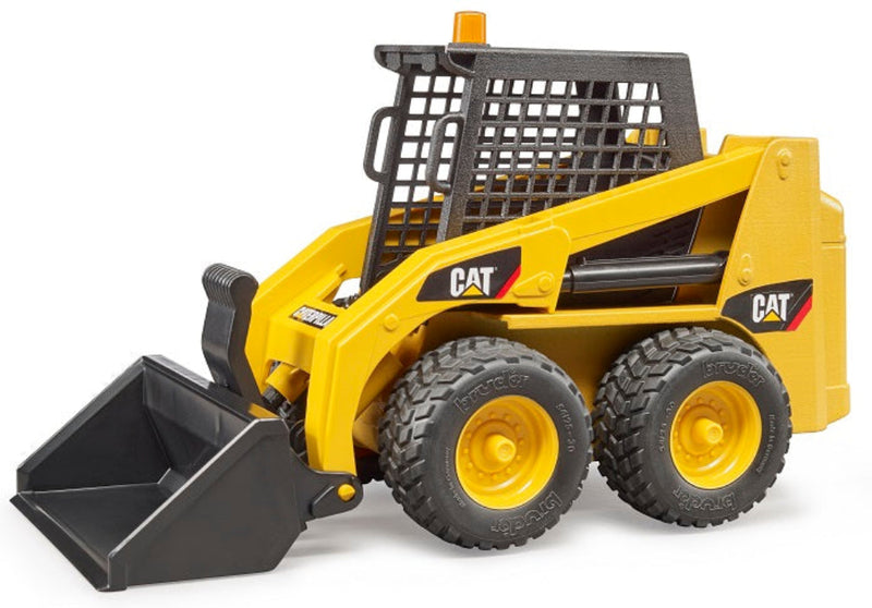 Bruder Toys CAT Caterpillar skid steer loader toy with black bucket and yellow wheels