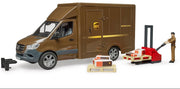 Bruder UPS Mercedes-Benz Sprinter toy truck with pallet jack, figure, and packages