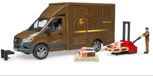 Bruder UPS Mercedes-Benz Sprinter toy truck with pallet jack, figure, and packages