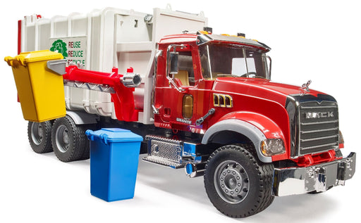Bruder MACK Granite red side-loading garbage truck toy with yellow and blue bins