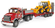Bruder MACK Granite red truck with low loader trailer transporting yellow JCB backhoe loader