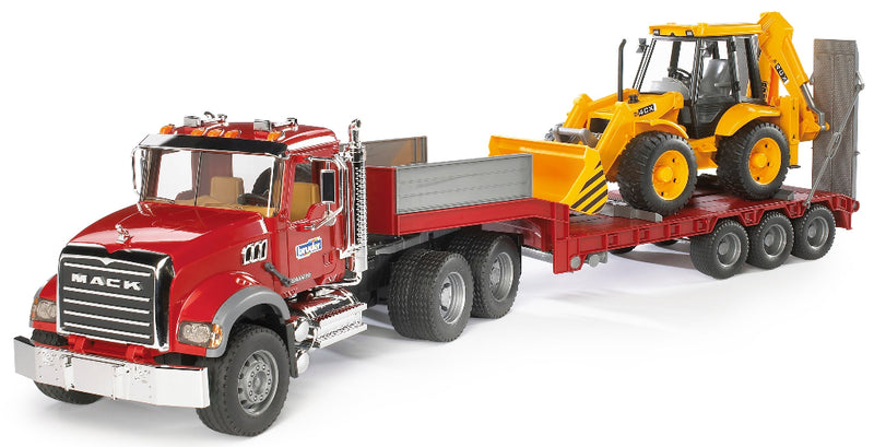 Bruder MACK Granite red truck with low loader trailer transporting yellow JCB backhoe loader