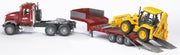 Bruder MACK Granite red truck with low loader trailer and yellow JCB backhoe loader