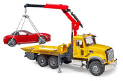 Bruder MACK Granite yellow tow truck lifting red roadster with crane arm