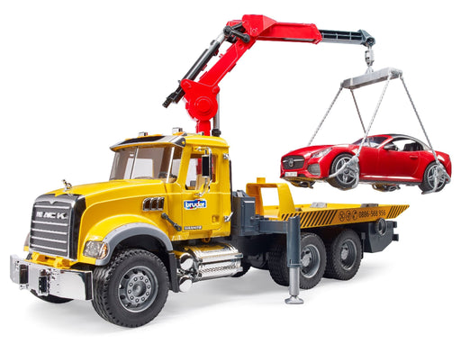 Bruder MACK Granite yellow tow truck with red crane lifting a red roadster car
