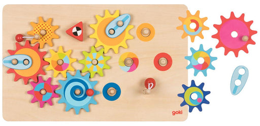 Goki wooden cogwheel game board with colorful interlocking gears and extra pieces