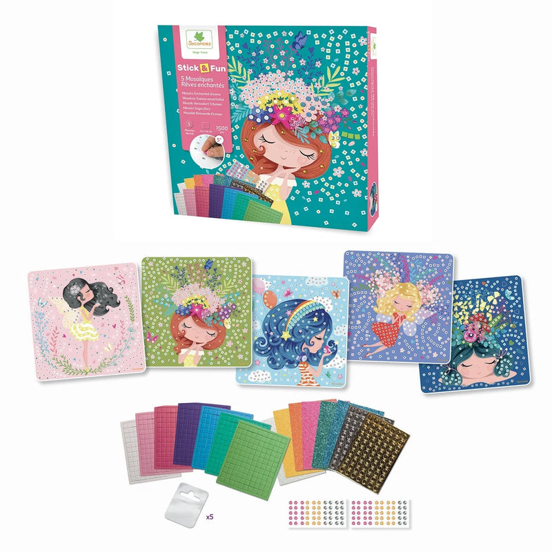 Stick & Fun mosaic craft kit with enchanted dreams theme showing box and contents