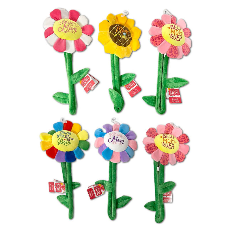 Six plush daisy flowers with green stems showing various Mother's Day messages
