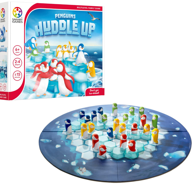 Penguins Huddle Up board game box and game components with colorful penguin pieces on ice board
