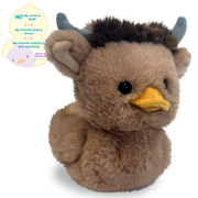 Brown plush Highland cow duck hybrid toy with yellow beak and horns