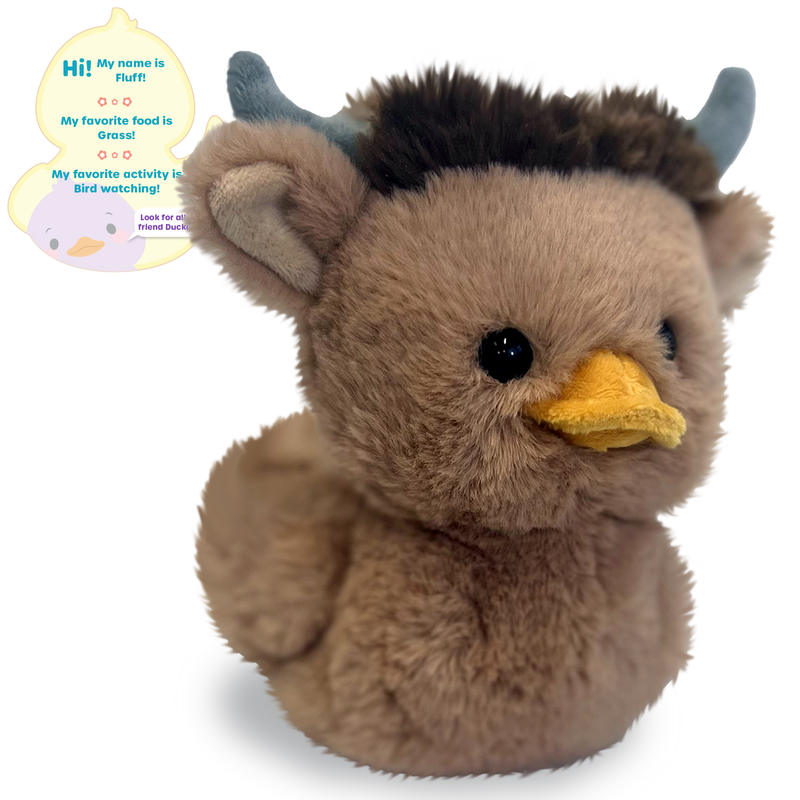 Brown plush Highland cow duck hybrid toy with yellow beak and horns