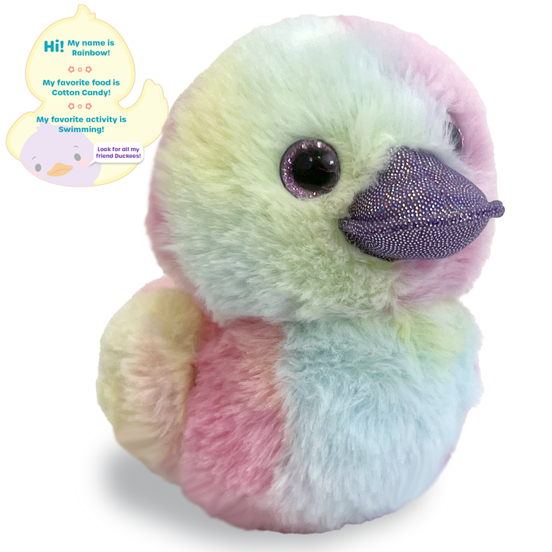 Rainbow colored plush duck toy with sparkly beak and character information bubble