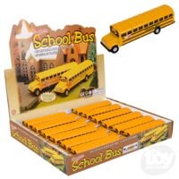 Yellow diecast school bus toy with display box showing multiple buses
