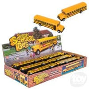 Yellow diecast school buses displayed with retail packaging box showing multiple toy vehicles