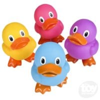 Four colorful 2-inch rubber ducks in yellow, pink, blue, and purple on white background