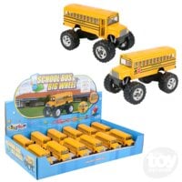 Yellow diecast school bus toys displayed with retail packaging box
