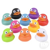 Collection of colorful 2-inch rubber ducks in various bright colors arranged on white background