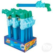 Blue mushroom-shaped water squirter toys displayed in retail packaging display box