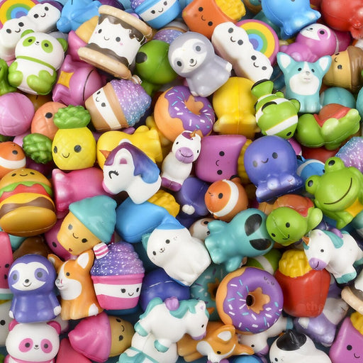 Collection of colorful 2-inch micro squishy toys with cute kawaii faces and designs