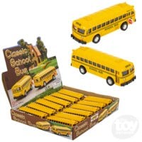 Yellow diecast school buses displayed with retail packaging display box