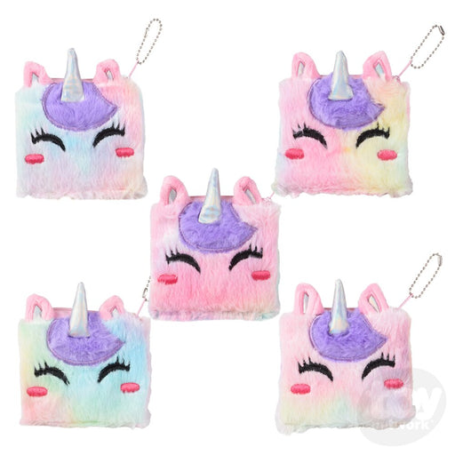 Five plush unicorn coin purses with keychains in pastel rainbow colors