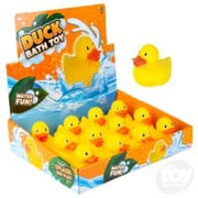 Display box of 2-inch yellow rubber ducky toys with individual duck shown